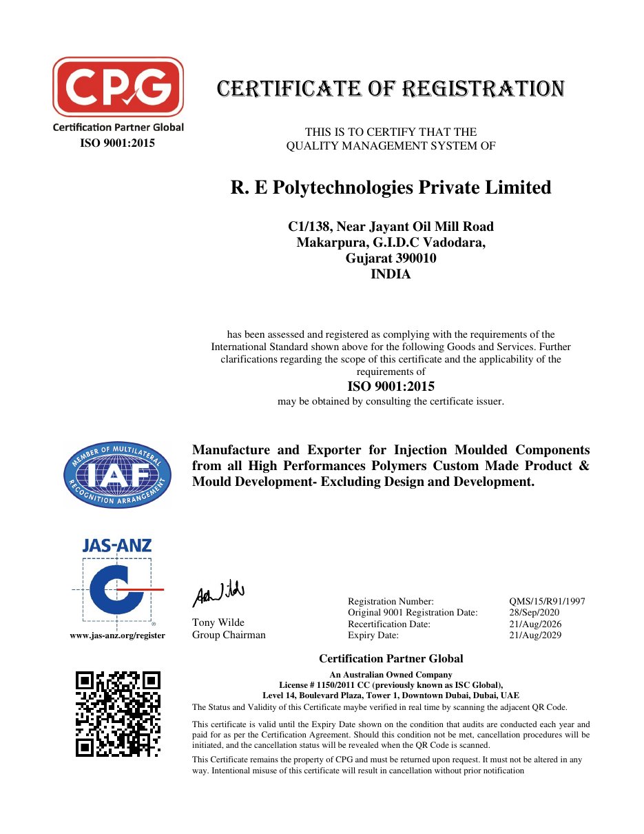ISO 9001:2015 Certificate of Registration for R. E Polytechnologies Private Limited